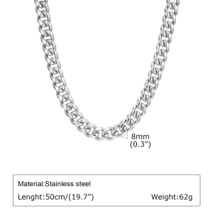 Silver Necklace for Men, Waterproof Steel Cuban Chain Miami Curb Link Chain 5mm/6mm/8mm