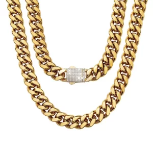 Gold Plated Stainless Steel Miami Curb Cuban Chain Necklace for Men Gift Crystal Lock
