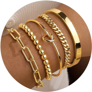 14K Gold Plated Chunky Cuff Bangles Tie Knot Cuban Rope Paperclip Beaded Bracelet Stack Gift