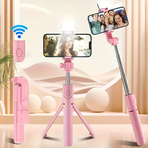 Expandable Selfie Stick for Phones Featuring an Integrated Fill Light, Designed for Professional Live Streaming. This Wireless Remote-Controlled Tripod Rotates 360° And Is Perfect for Hiking, Travel, Vlogging, And Outdoor Activities
