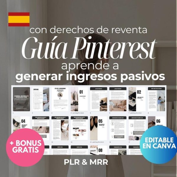 Guia de Pinterest para Genersr Ingresos Pasivos: editable en Canva, Derechos de Reventa, MRR y PLR