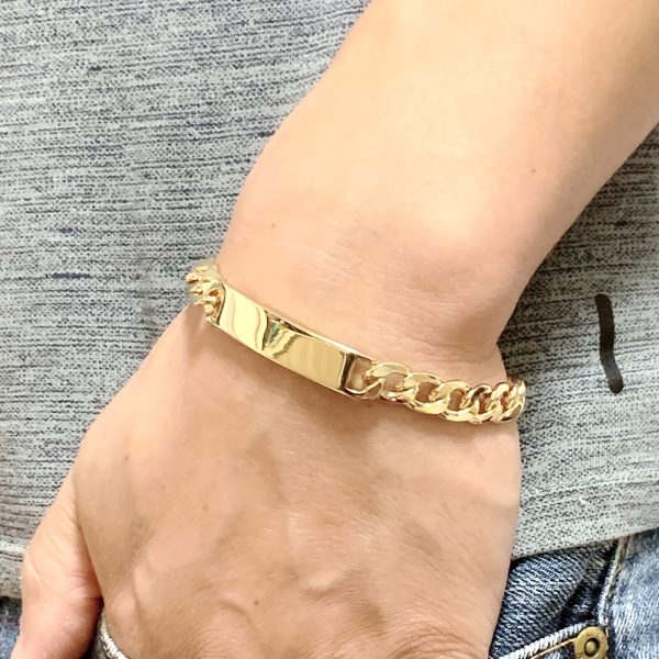 18K Gold Plated Men's Bracelet 9mm Wide Polished ID Curved Plate, 8-Inch Long Cuban Link, High-Quality 304L Stainless Steel, Mirror Finish, Unique Cowboy Buckle Design, Easy to Wear, Fashionable and Elegant, Exquisite Gift